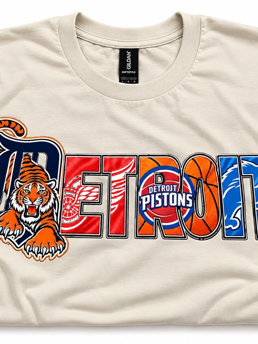 Gildan Cream Detroit Multi-Team Graphic Tee with Orange, Blue & Red